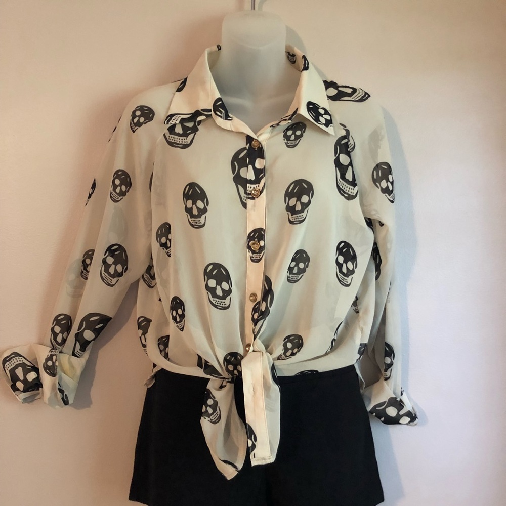 Skull high low  sheer button down blouse ~ small